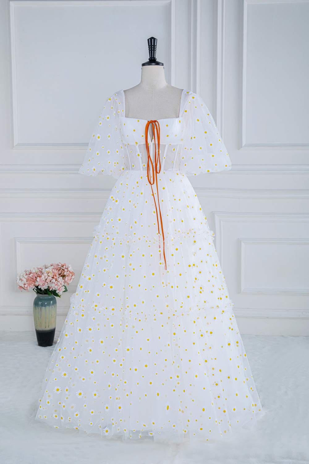 White Daisy Embroideries Puff Sleeves Ruffled Long Prom Dress