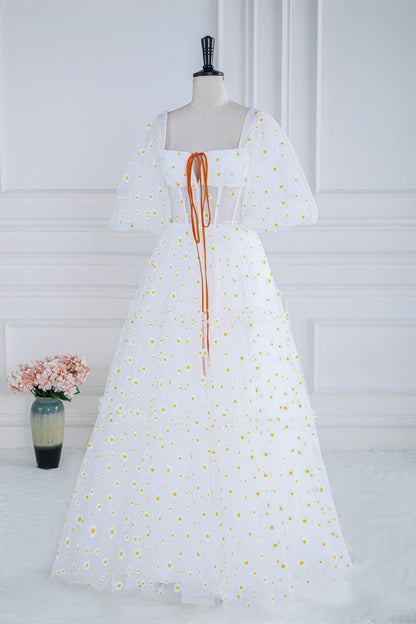 White Daisy Embroideries Puff Sleeves Ruffled Long Prom Dress