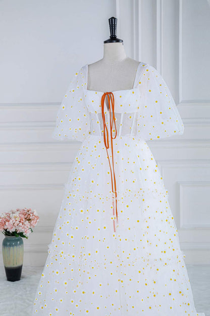 White Daisy Embroideries Puff Sleeves Ruffled Long Prom Dress