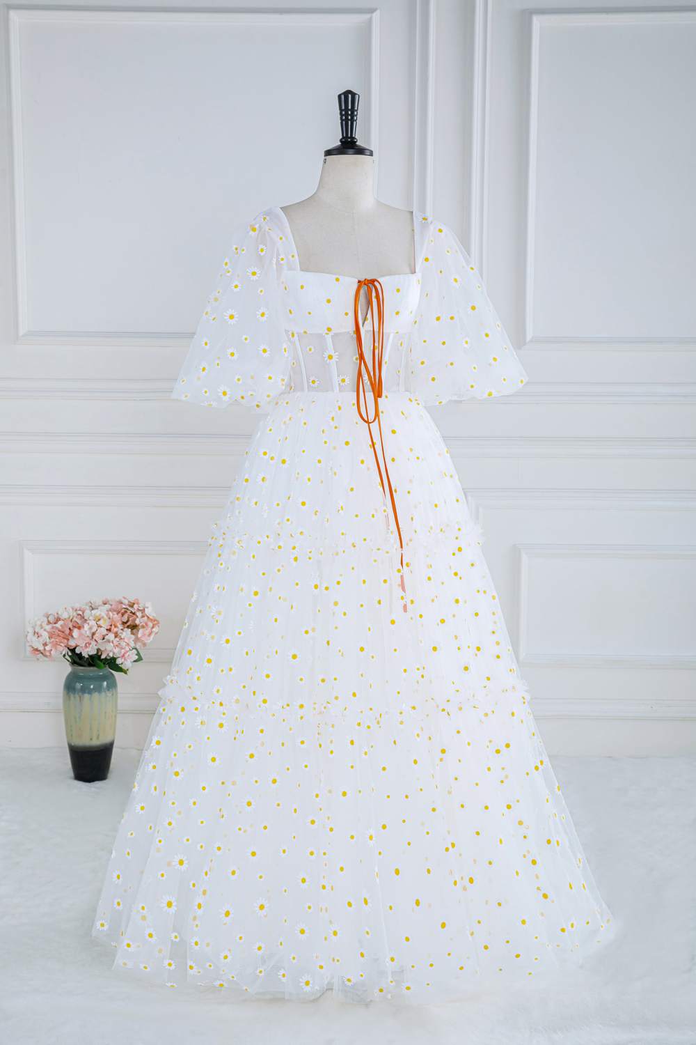 White Daisy Embroideries Puff Sleeves Ruffled Long Prom Dress