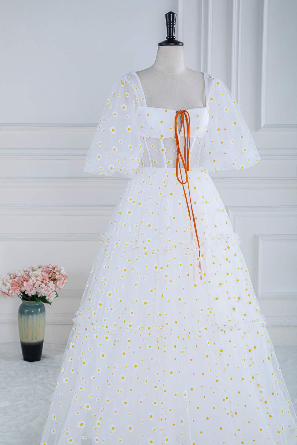 White Daisy Embroideries Puff Sleeves Ruffled Long Prom Dress
