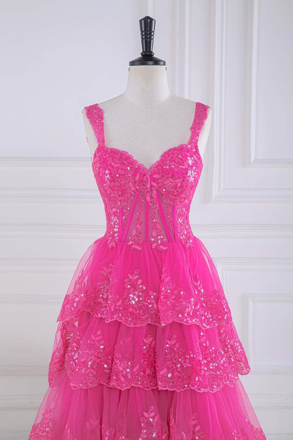 Hot Pink Layers Sequined Floral Long Prom Dress