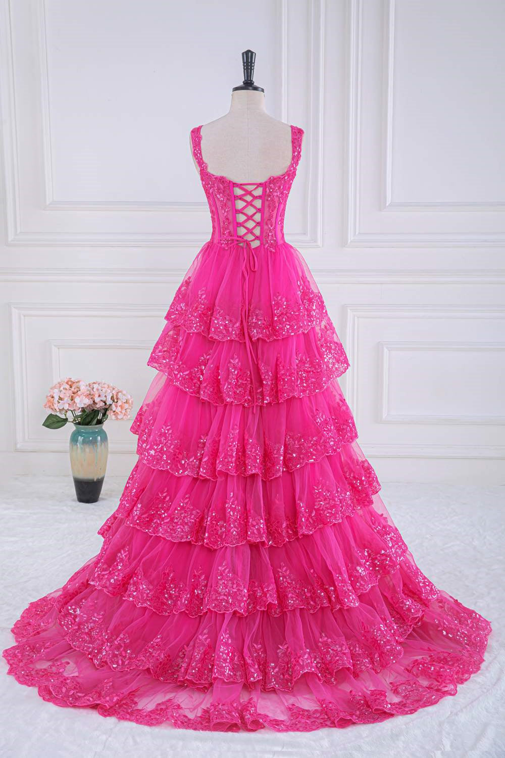 Hot Pink Layers Sequined Floral Long Prom Dress