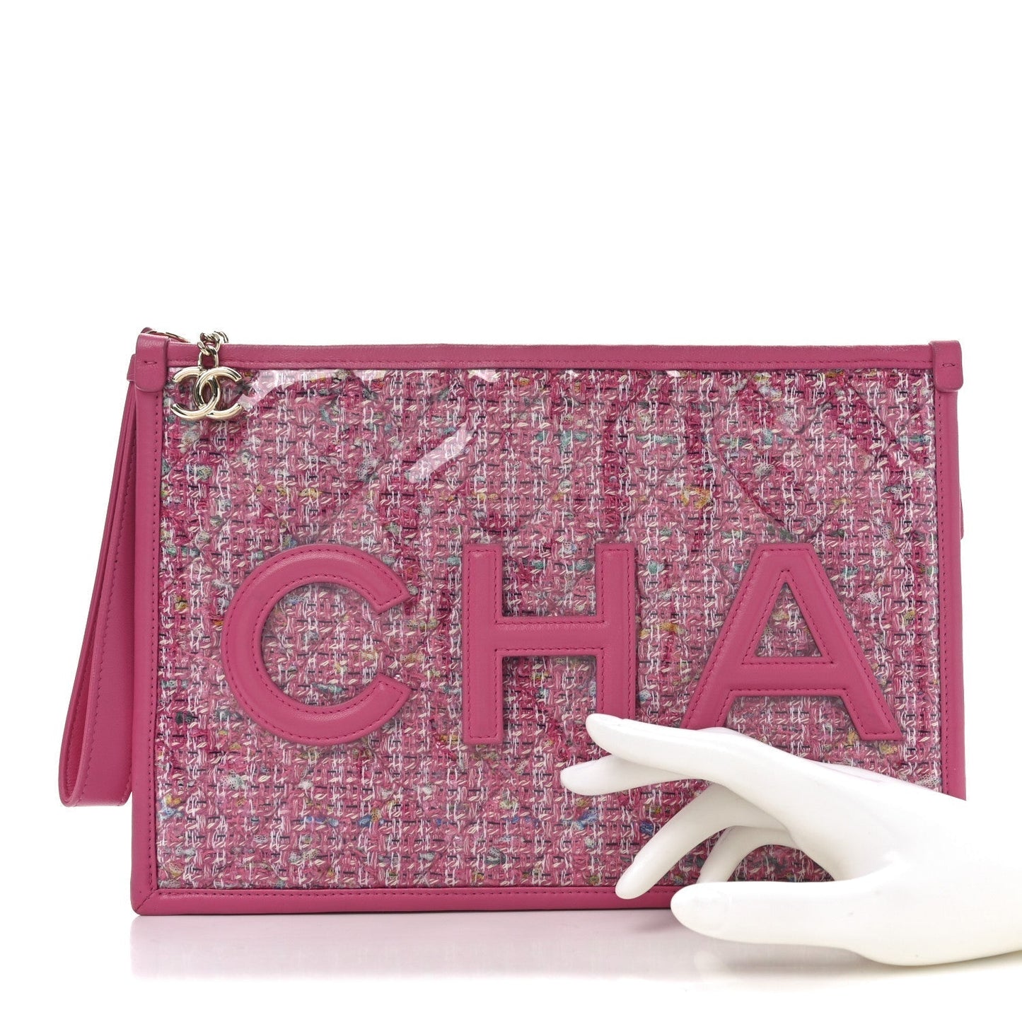 Tweed PVC Lambskin Wristlet Pouch Pink