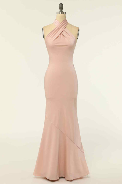 Champagne Mermaid Halter Satin Pleated Long Bridesmaid Dress
