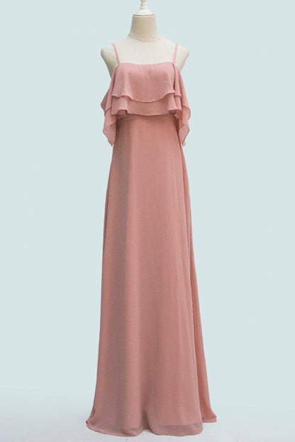 Blush Pink A-line Spaghetti Strap Crepe Long Bridesmaid Dress