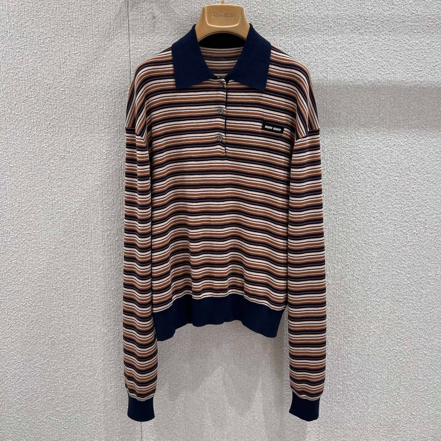 Miumiu 2026 Striped Long-sleeve Knit Polo Shirt Beige Brown Multicolour Wool 349007