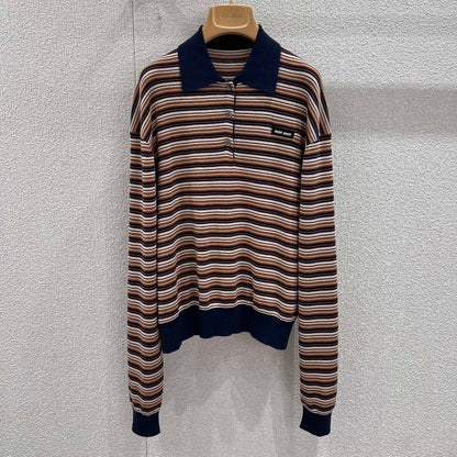 Miumiu 2026 Striped Long-sleeve Knit Polo Shirt Beige Brown Multicolour Wool 349007