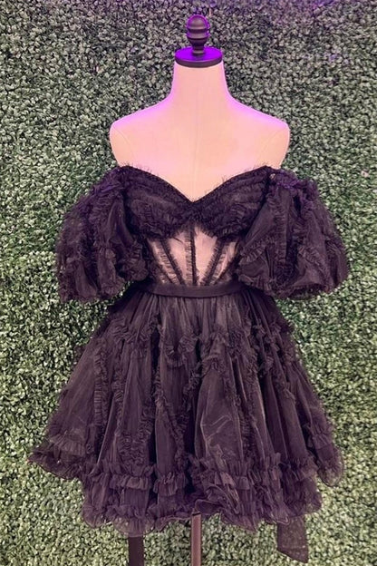 Blush Pink A-line Off-the-Shoulder Ruffled Puff Sleeves Homecoming Dress