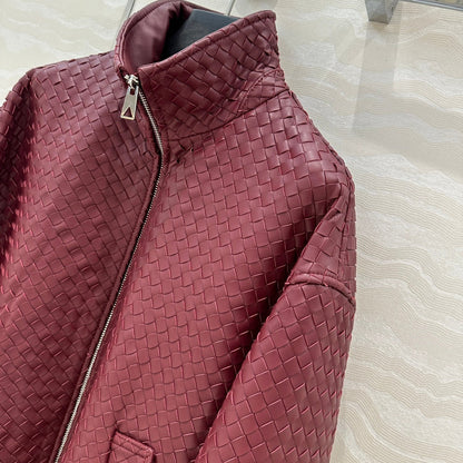 BV Double-Zip Baseball Jacket in Burgundy Lambskin