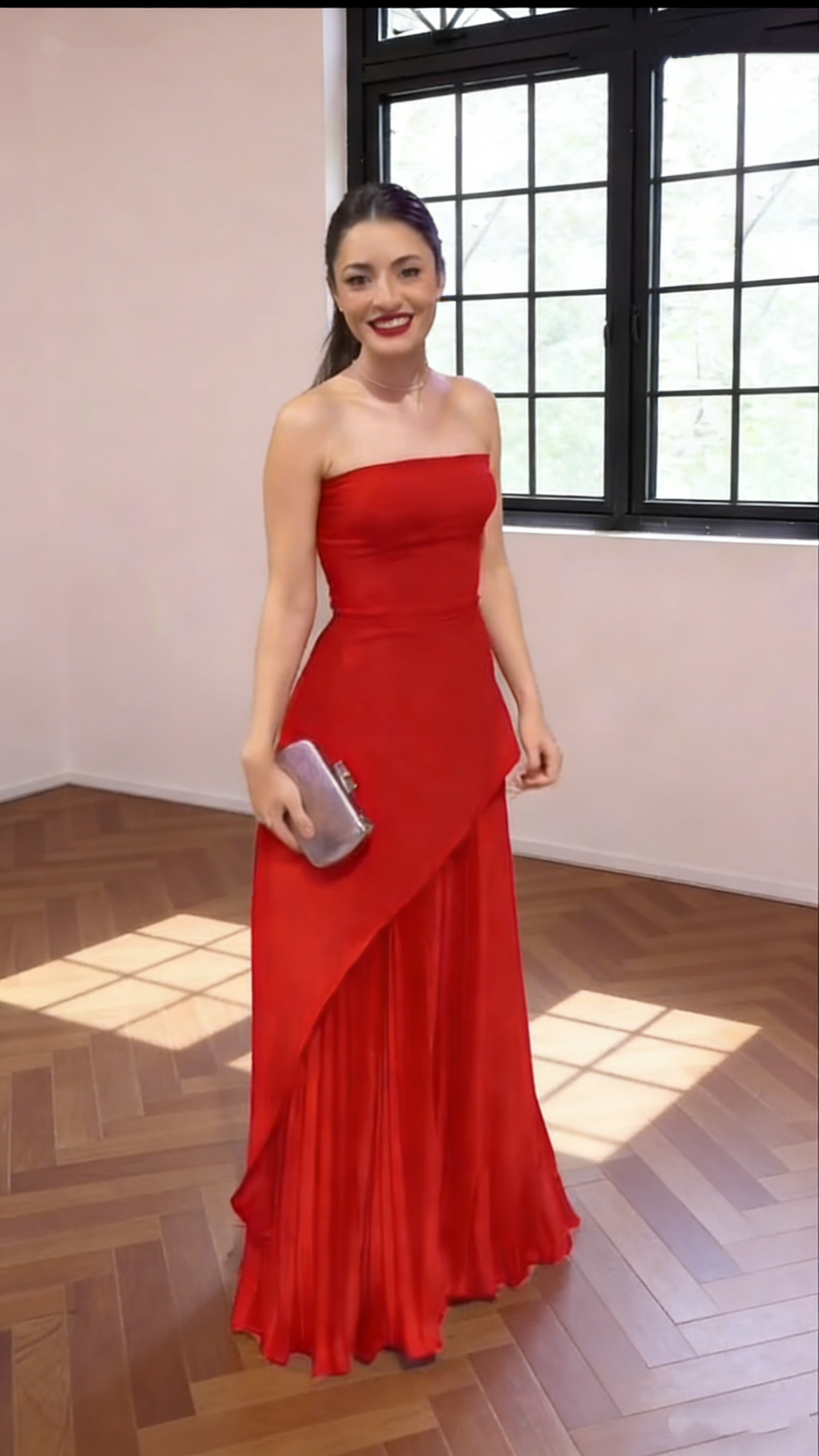 Charming Red Strapless Satin Long Wedding Guest Dress Birthday Party Dress SP1721