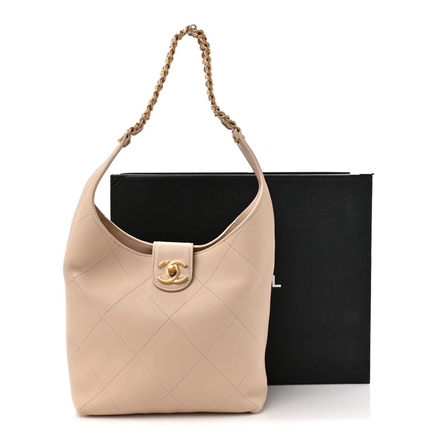 Shiny Lambskin Quilted Small Hobo Beige