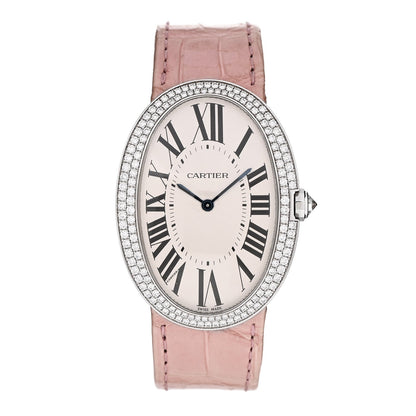 18K White Gold Alligator Diamond Bezel 33mm Baignoire Manual Winding Watch Pink