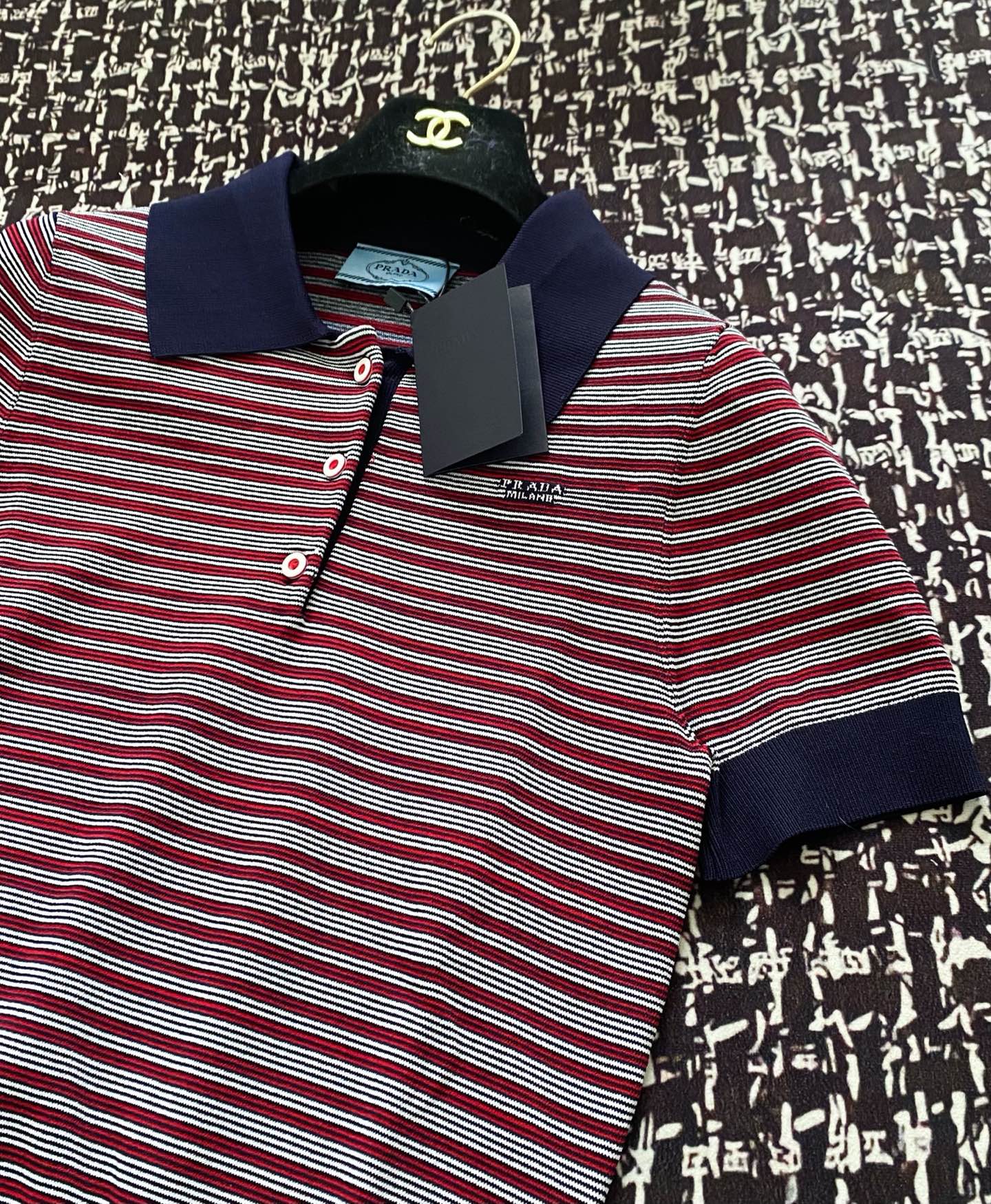 Prada 25 Striped Polo Shirt Navy Blue mix Red Tencel Wool