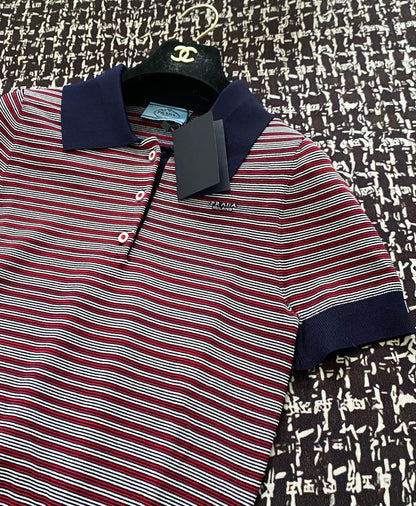 Prada 25 Striped Polo Shirt Navy Blue mix Red Tencel Wool