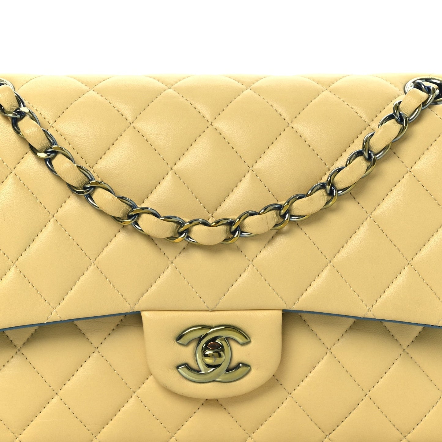 Lambskin Quilted Medium Double Flap Yellow Blue