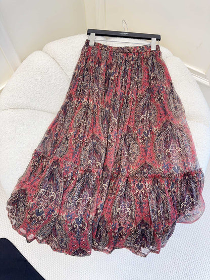 YSL 2025 Printed Skirt Red Silk