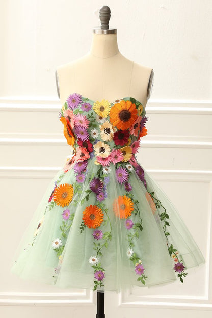 Light Green Strapless 3D Appliques Tulle Homecoming Dress
