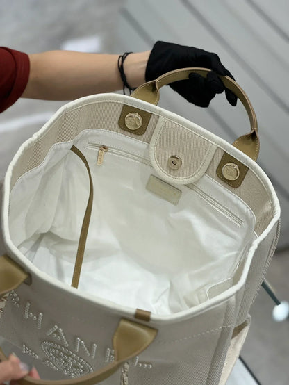 Chanel Natural Canvas and Tan Leather Large Pearl Deauville Tote - 30x39x22cm