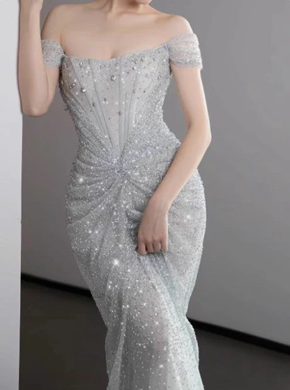 Glitter Gray Off The Shoulder Tulle Sequin Beaded Mermaid Long Evening Dress Party Gown SP1555