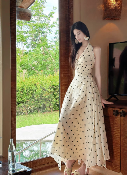 Cute Halter V Neck A Line Polka Dot Prom Dress Long Party Dress SP2003