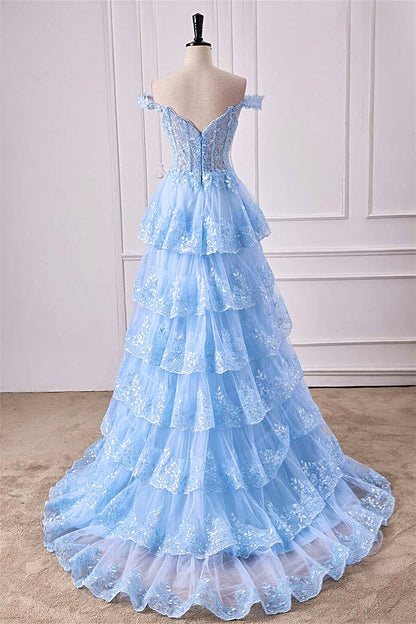 Hot Pink Off-Shoulder Sequined Layers A-line Long Prom Dress with Slit