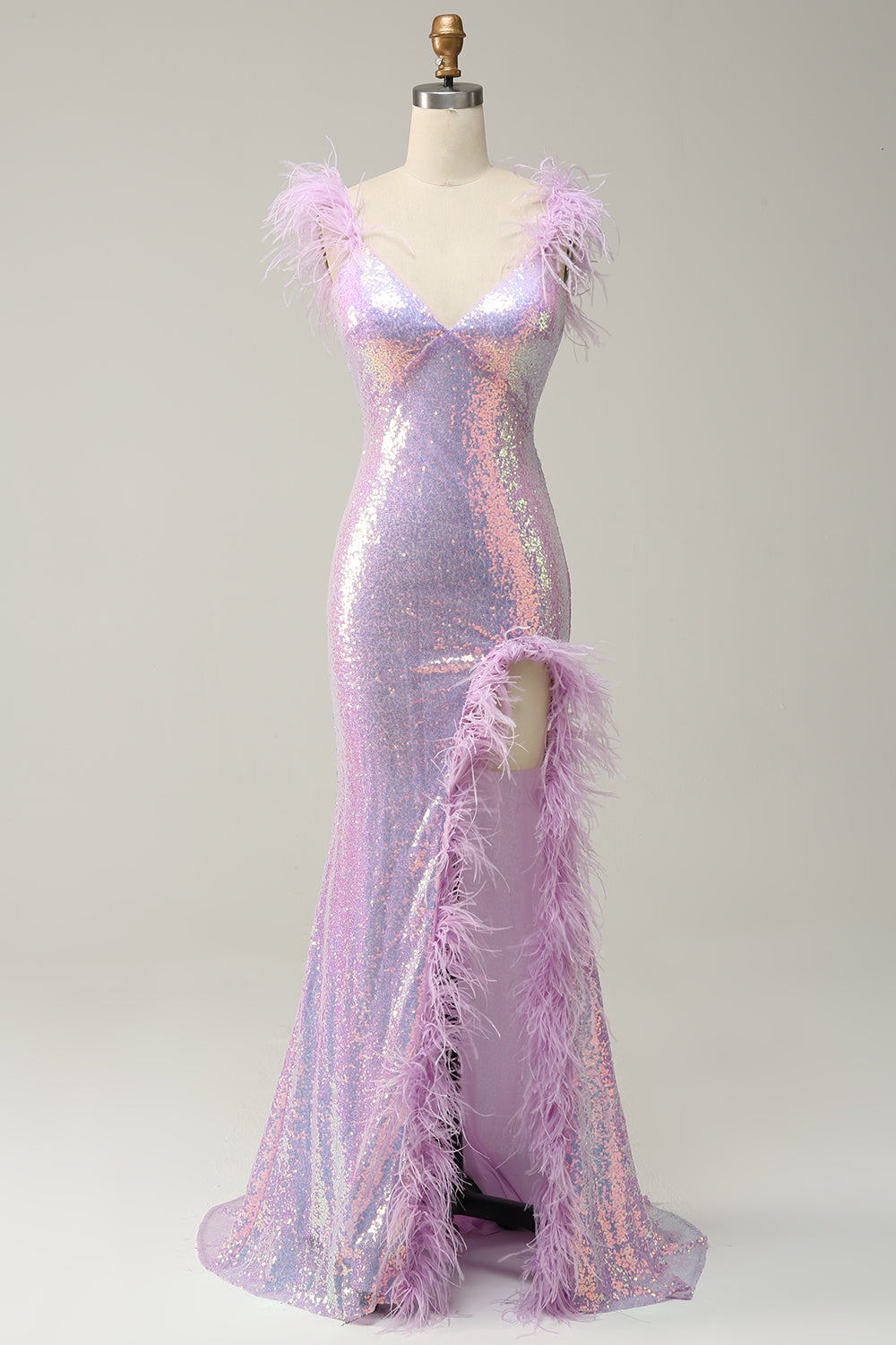 Sequin Mermaid V-Neck Backless Party Prom Dress With Feathers