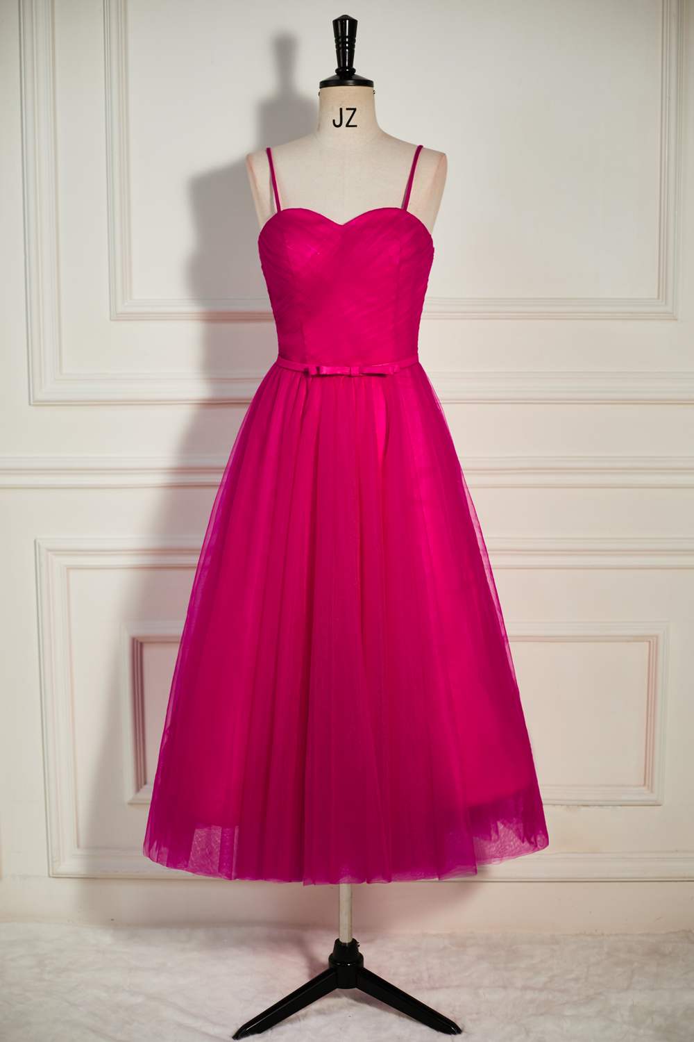Fuchsia Straps A-line Tulle Tea-Length Prom Dress