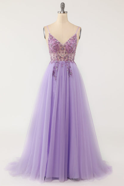 V-Neck Open Back Sheer Empire Tulle A-Line Prom Party Dress