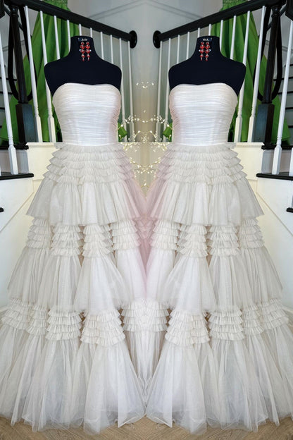 Dark Navy Strapless Layers A-line Tulle Long Prom Dress