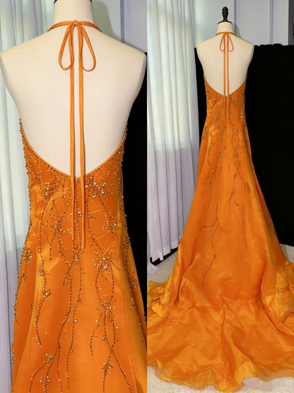 Vintage Halter V Neck Orange Tulle Beaded Mermaid Long Evening Dress Backless Birthday Dress SP2050