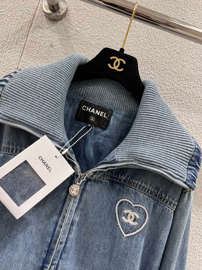 CC 25M Embroidered Lapel Denim Jacket Blue Cotton