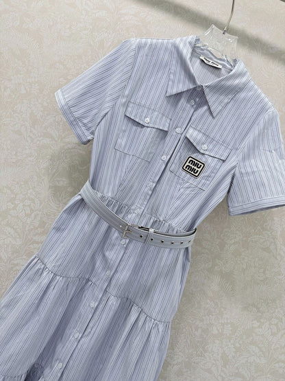 Miumiu 2026 Short-Sleeved Waist-Length Dress with Lapel Collar Blue Cotton 353015