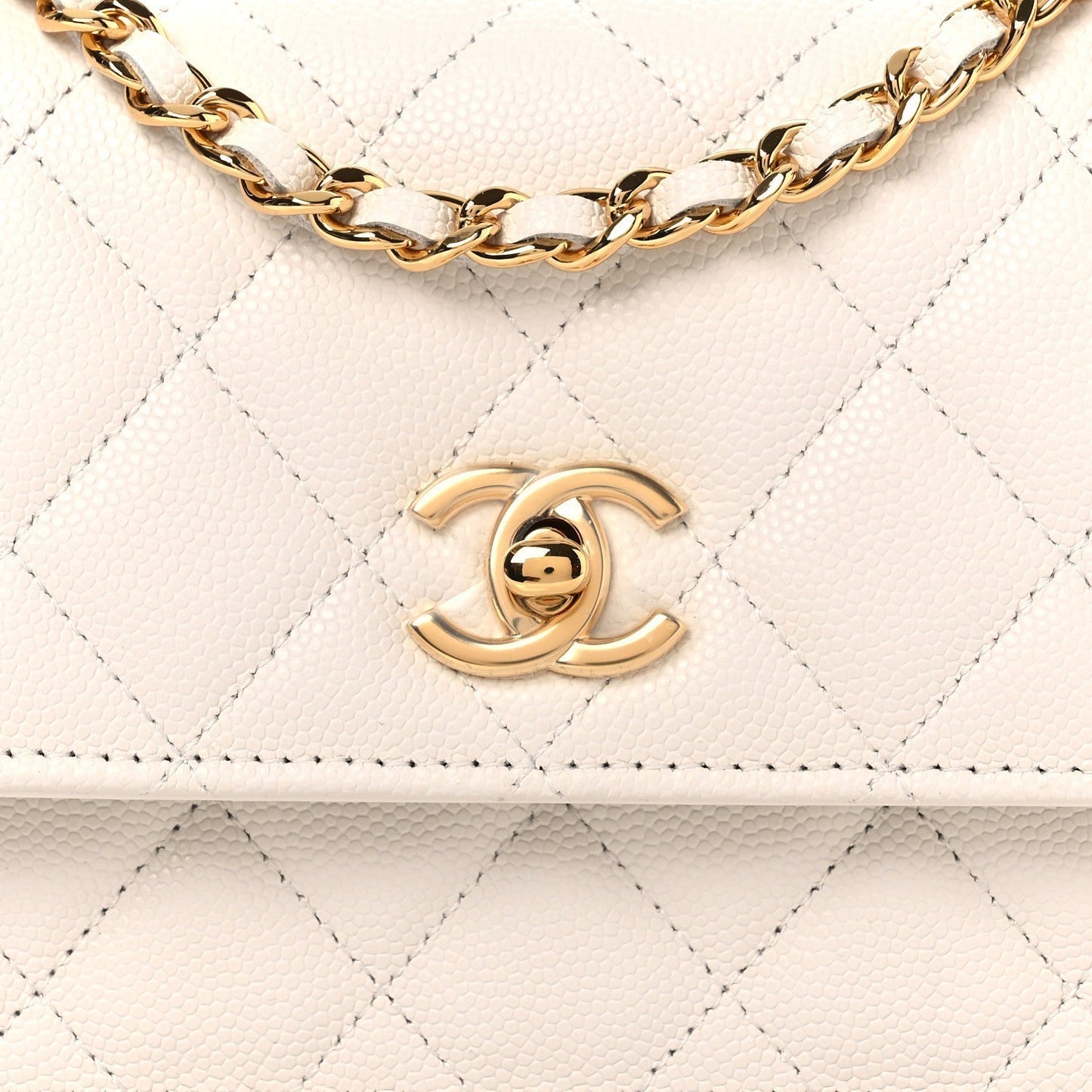 Shiny Caviar Quilted Flap Charm Wallet On Chain WOC White