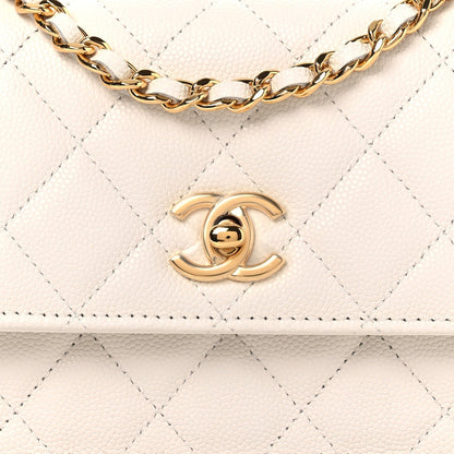 Shiny Caviar Quilted Flap Charm Wallet On Chain WOC White