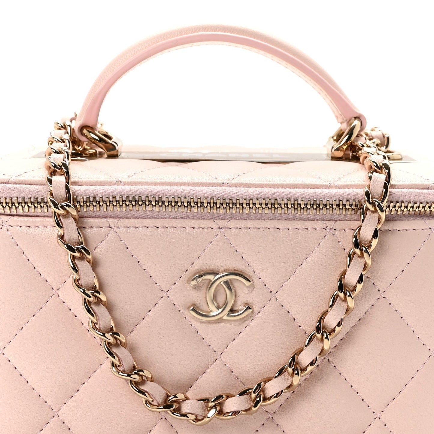 Lambskin Quilted Trendy Small Top Handle Vanity Case With Chain Light Pink