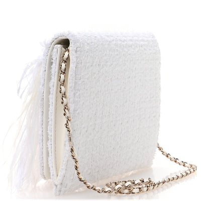 Tweed Embroidered Feathers Pearl Crystal Clutch White