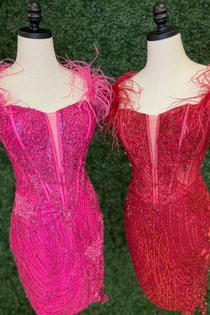 Red Off-the-Shoulder Sequined Sheath Homecoming Dress with Feathers