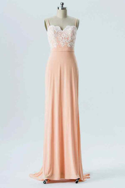 Blushing Pink Mermaid Lace Sweetheart Satin Long Bridesmaid Dress