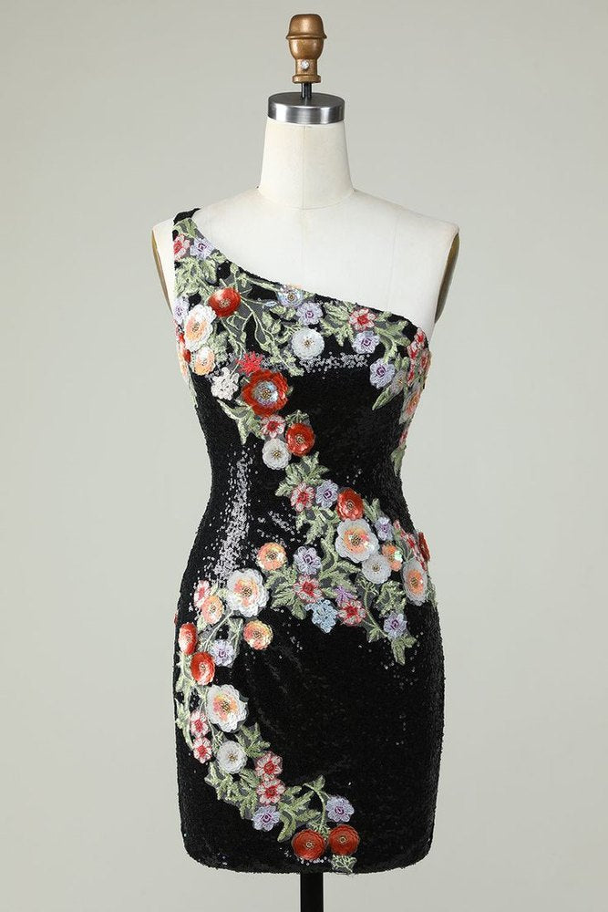 Green One Shoulder Sequin Beading Homecoming Dress