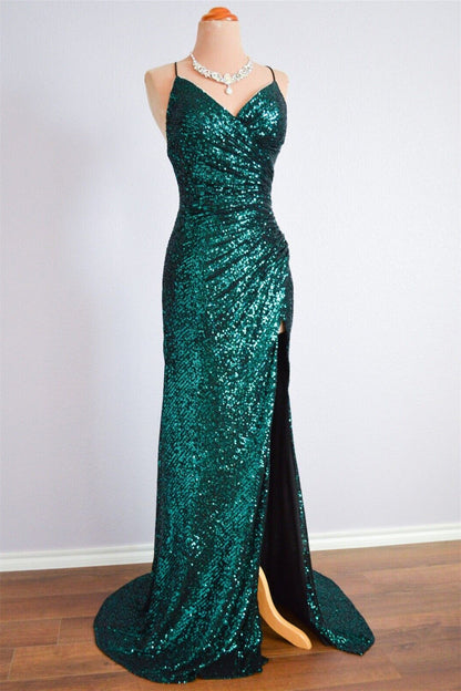 Green Sequin V-Neck Sleeveless Mermaid Prom Party Dress