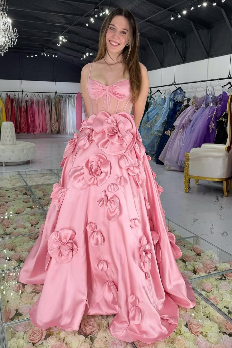Pink A-Line V-Neck Sleeves Florals Party Prom Dress