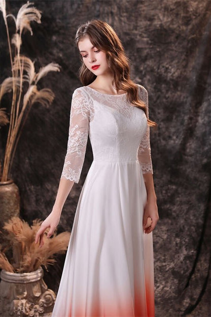 3/4 Sleeves Orange Ombre Chiffon Long Bridesmaid Dress