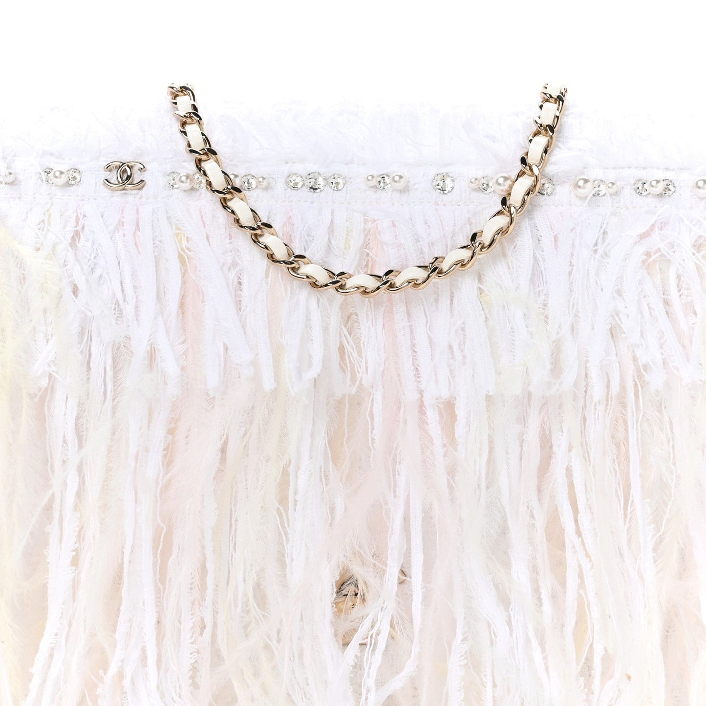 Tweed Embroidered Feathers Pearl Crystal Clutch White