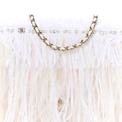Tweed Embroidered Feathers Pearl Crystal Clutch White