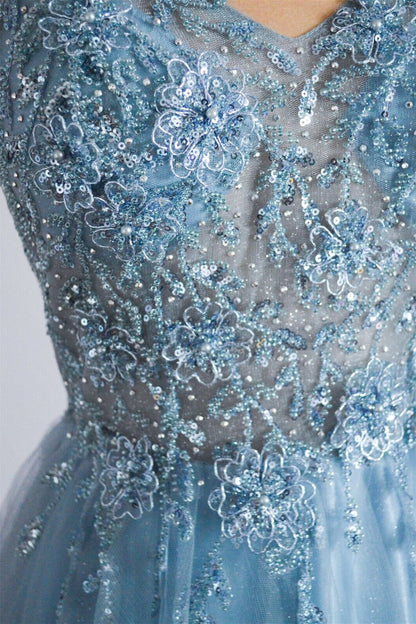 Tulle A-Line Lace Appliques V-Neck Long Party Prom Dress