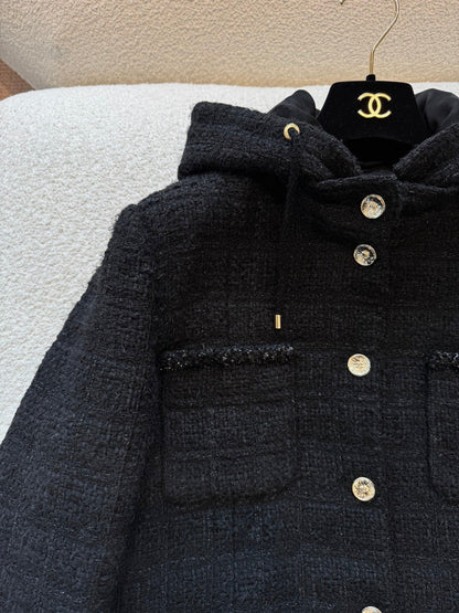 CC 25B Black Plaid Hooded Tweed Jacket