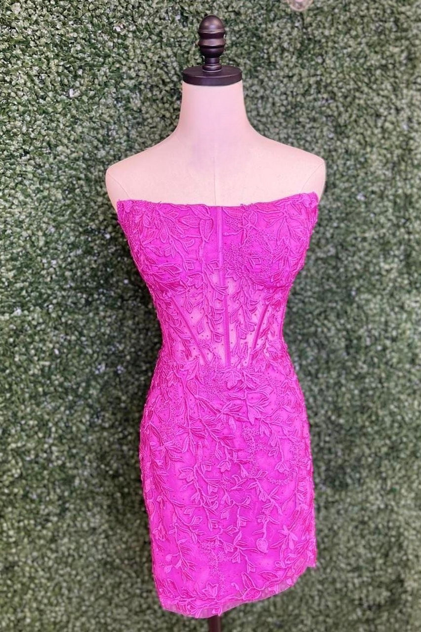Fuchsia Strapless Sheath Appliques Homecoming Dress