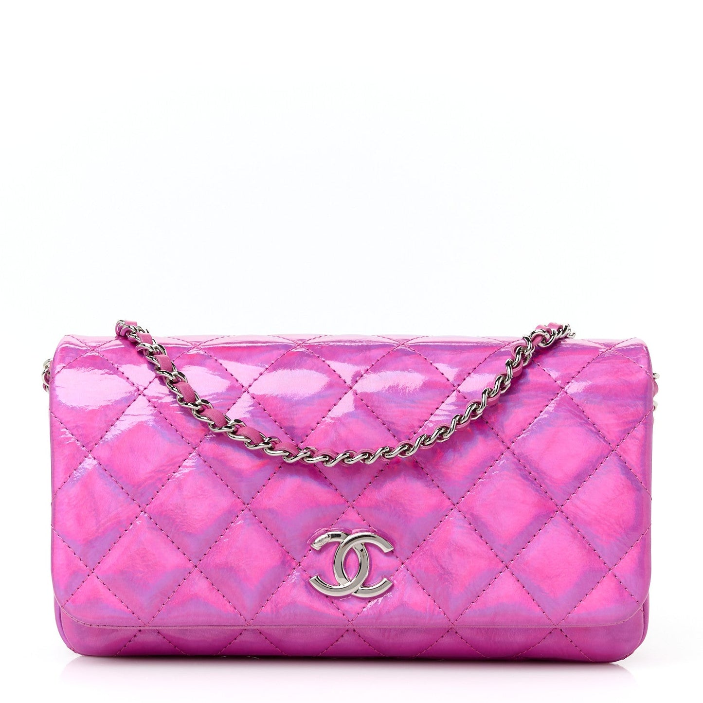 Iridescent Mirror Goatskin Quilted Clutch With Chain Pink