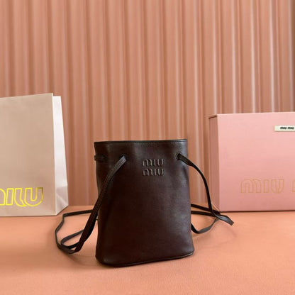 Miu Bucket Bag 14cm Coffee Grain Leather